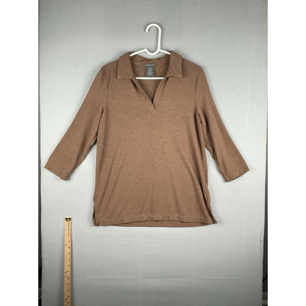 Matty M Womens M Brown Collared V Neck Top 3/4 Sleeve Stretch
